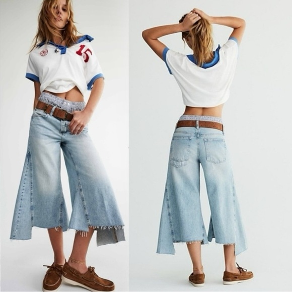 Free People Ripple Wide Leg Crop Jeans Light Wash Size 26 L Culottes Retro 70s - Picture 3 of 15